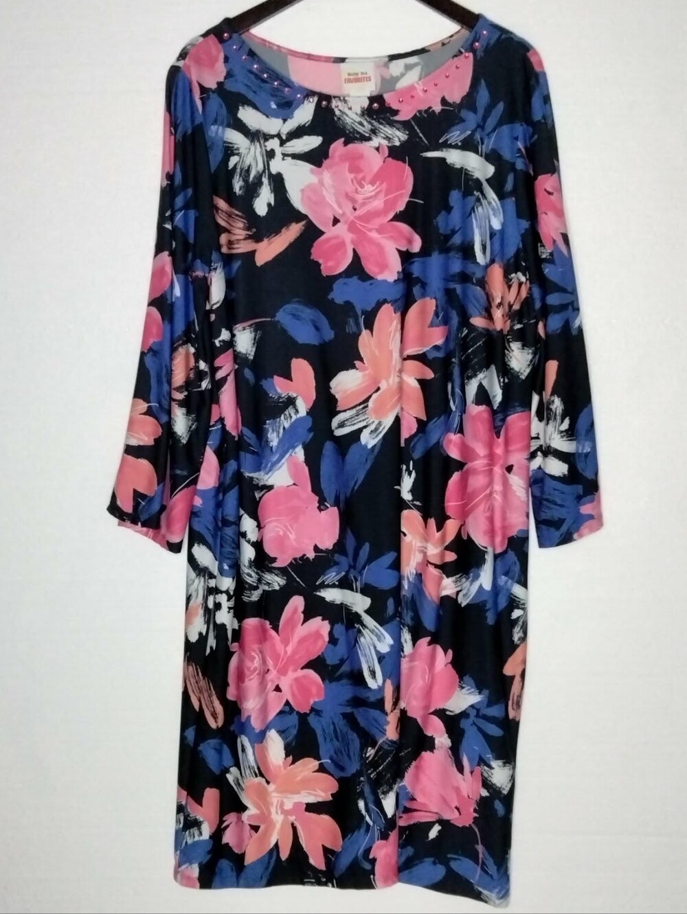 Ruby Rd. Navy Floral Midi Dress with Coral White Pink Royal Blue Blooms